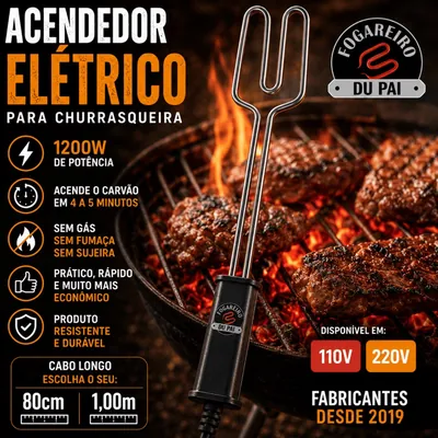 Acendedor elétrico com resistência metálica em laço e cabo preto, sobre churrasqueira com carnes e brasas