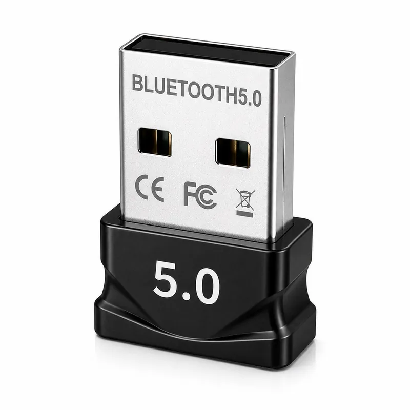 Adaptador Bluetooth USB pequeno com base preta escrita 5.0 e conector metálico com a inscrição Bluetooth 5.0