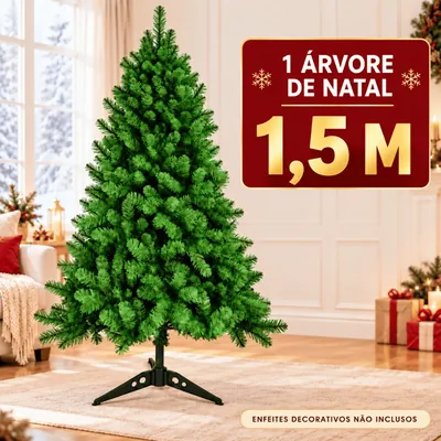 Árvore de Natal verde clara sem enfeites, com pé de plástico em cruz, sobre tapete numa sala decorada