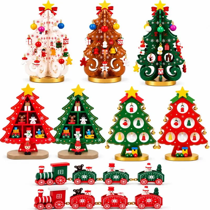 Modelos de mini árvore de Natal de madeira em branco, natural, verde e vermelho, com enfeites pequenos e base dourada