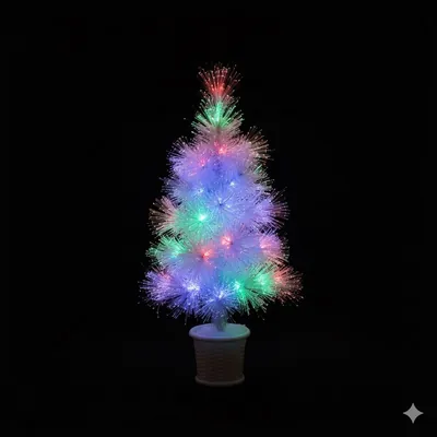 Pequena árvore de Natal branca de fibra ótica acesa em azul, verde, rosa e vermelho, num vaso branco trançado, fundo preto