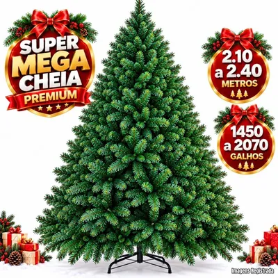 Árvore de Natal artificial alta e cheia, sem enfeites, com galhos verdes de pontas claras e base de metal preta