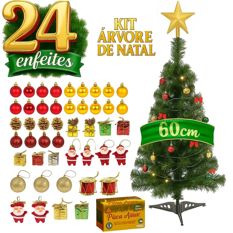 Árvore de Natal verde de 60 cm com estrela dourada, pisca-pisca, laços vermelhos e enfeites soltos ao lado