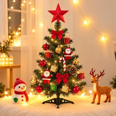 Árvore de Natal pequena com pisca-pisca, estrela vermelha, laços, bolas e mini Papais Noéis sobre tapete branco
