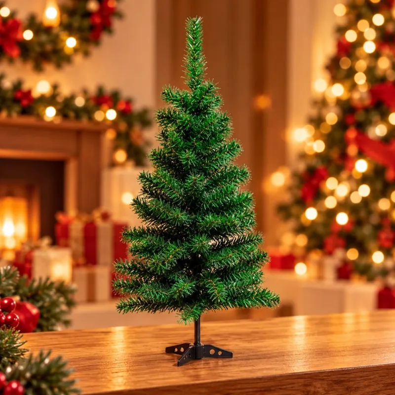Mini pinheiro verde ainda sem enfeites, com base preta em cruz, sobre mesa de madeira em sala com luzes de Natal