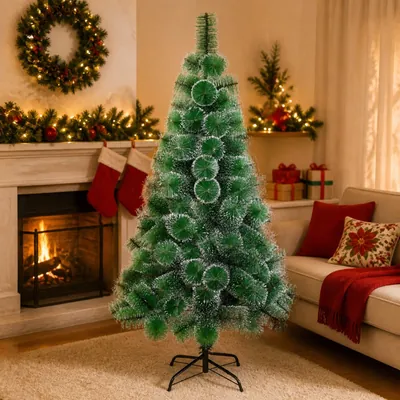 Árvore de Natal verde com tufos de pontas brancas e pé preto de metal, sem enfeites, numa sala com lareira