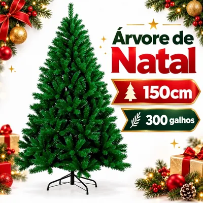 Árvore de Natal artificial verde, cônica e sem enfeites, apoiada num pé de metal preto de quatro hastes