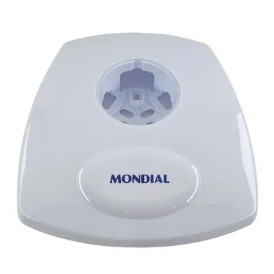 Base branca de ventilador vista de cima, com encaixe redondo ao fundo e logotipo Mondial em azul na frente