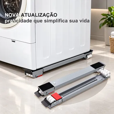 Base cinza extensível com rodinhas brancas duplas e calços pretos sob máquina de lavar, com outra unidade no piso