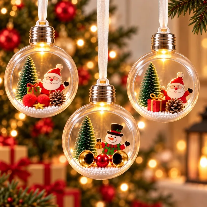 Três bolas transparentes com luz e miniaturas de Papai Noel, boneco de neve e pinheirinho, penduradas por fita