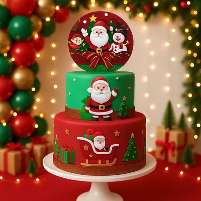 Bolo cenográfico de dois andares vermelho e verde com Papai Noel, trenó e topo redondo, sobre boleira branca