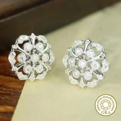 Par de brincos prateados em forma de flor vazada com pedrinhas brancas e acabamento de bolinhas, sobre papel e madeira