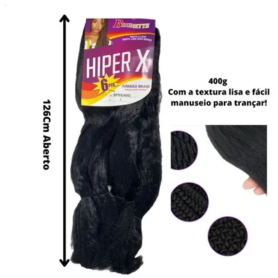 Pacote de cabelo jumbo Hiper X preto, com etiqueta roxa, seta de 126 cm e detalhes de tranças prontas
