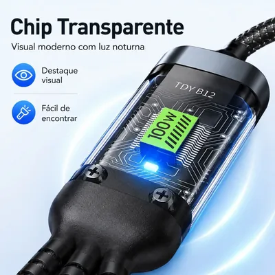 Conector de cabo carregador preto com carcaça transparente, chip verde marcado 100W, luz azul e três saídas trançadas