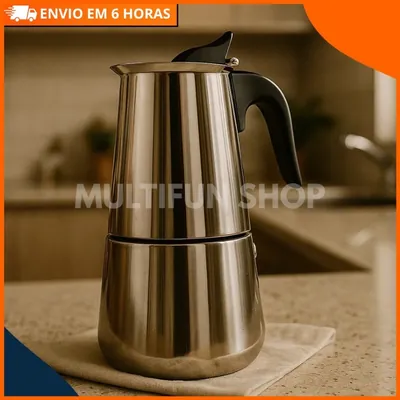 Cafeteira italiana de inox polido com cabo e tampa pretos sobre pano bege em bancada de pedra de cozinha