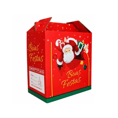 Caixa de papelão vermelha com Papai Noel, letreiro Boas Festas em dourado, faixa verde e etiqueta para remetente