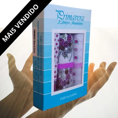 Caixa azul Primavera com três lenços femininos de estampa floral lilás visíveis pela janela