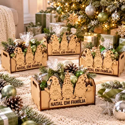 Quatro caixinhas de MDF cru com três gnomos recortados e a frase Natal em Família, cheias de bolas e pinhas