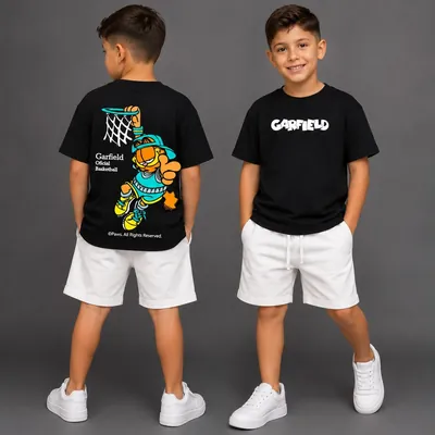 Menino de frente e de costas vestindo camiseta preta com letreiro Garfield na frente e o gato jogando basquete atrás