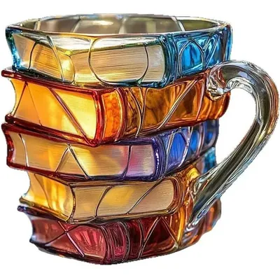 Caneca em forma de cinco livros empilhados em azul, laranja, lilás, âmbar e vermelho, com alça transparente