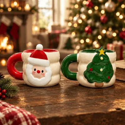 Duas canecas de cerâmica creme onduladas, uma com Papai Noel e alça vermelha, outra com pinheiro e alça verde