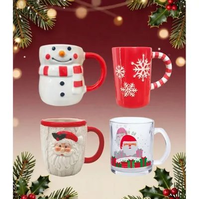 Quatro canecas natalinas: boneco de neve, vermelha com flocos, branca com Papai Noel em relevo e uma de vidro estampada