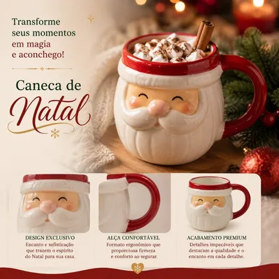 Caneca branca de cerâmica com rosto do Papai Noel em relevo, borda e alça vermelhas, cheia de chocolate com marshmallow