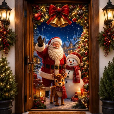 Painel de porta com Papai Noel acenando, boneco de neve, filhote de rena, sinos dourados e vila nevada à noite