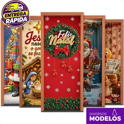 Cinco portas com capas de Natal estampadas: Papai Noel, presépio, guirlanda, rena e biscoito de gengibre