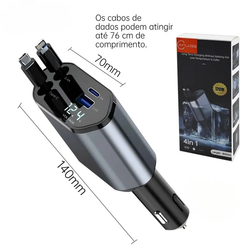 Carregador veicular cinza com dois cabos retráteis, portas USB e USB-C, visor marcando 12.4V e caixa preta ao lado