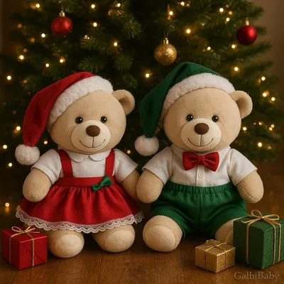 Dois ursinhos de pelúcia bege diante de árvore de Natal, ela de gorro e saia vermelhos, ele de gorro verde e gravata