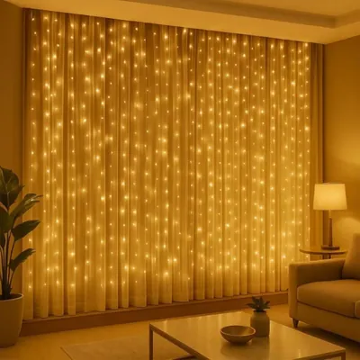 Cortina de fios de LED branco quente acesa sobre cortina clara, numa sala com sofá, abajur e planta
