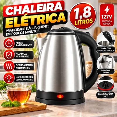 Chaleira elétrica de inox escovado com alça, tampa e base pretas, luz vermelha acesa, ao lado de uma xícara de chá