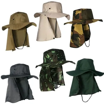 Seis chapéus australianos de aba larga com capa de nuca e cordão, em caqui, bege, cinza, verde e dois camuflados