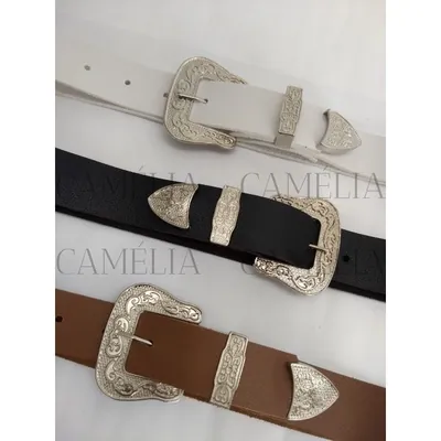 Três cintos country femininos, branco, preto e caramelo, com fivela, passador e ponteira prateados com arabescos