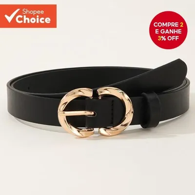 Cinto feminino preto enrolado com fivela dourada formada por dois D espelhados em textura torcida