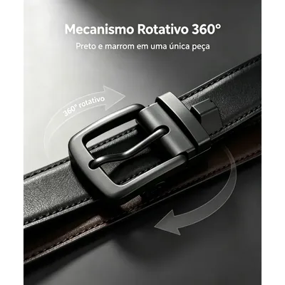 Cinto masculino preto com verso marrom e fivela retangular de metal grafite fosco, com setas indicando giro