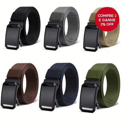 Seis cintos de nylon enrolados em preto, cinza, cáqui, marrom, azul-marinho e verde-militar, todos com fivela preta