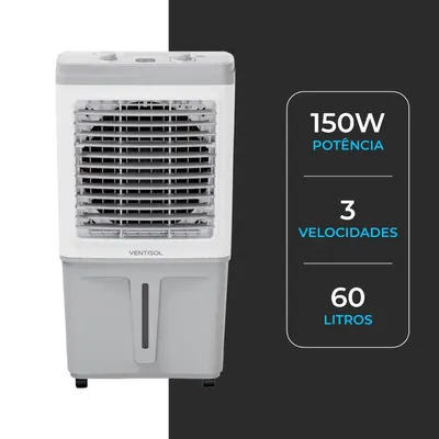 Climatizador Ventisol branco e cinza em formato de torre, com grade frontal, painel no topo, visor de água e rodinhas