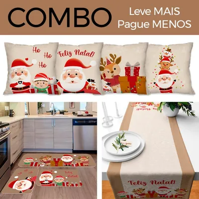 Quatro capas de almofada natalinas, três tapetes de cozinha e trilho de mesa com Papai Noel, rena e duende em tons de bege