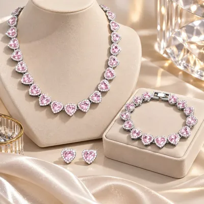 Colar, pulseira e brincos de corações rosa com contorno de pedrinhas em busto e caixa de veludo bege