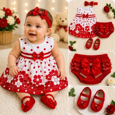 Bebê sorrindo com vestido branco de bolinhas e flores vermelhas, tiara de laço e sapatinhos vermelhos, ao lado das peças