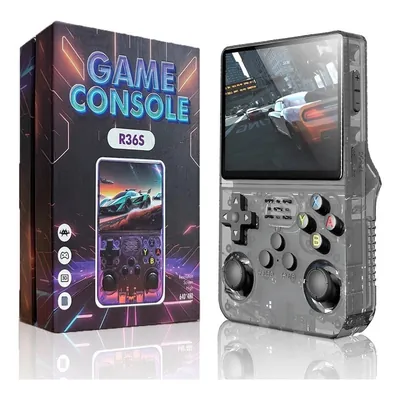 Console portátil R36S vertical cinza translúcido com dois analógicos, ao lado da caixa escura escrita Game Console