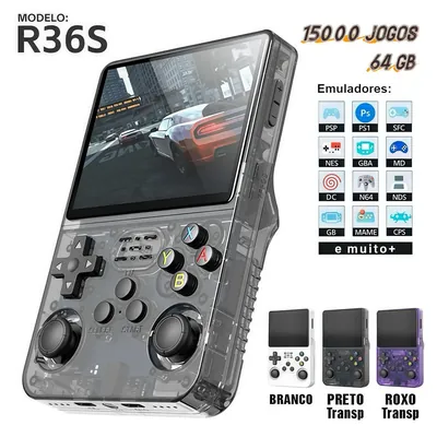 Console R36S preto transparente com tela exibindo jogo de corrida, direcional, botões coloridos e dois analógicos