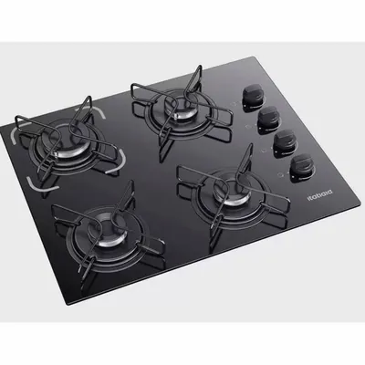 Cooktop preto de quatro bocas com grelhas individuais de arame e quatro botões alinhados na lateral direita