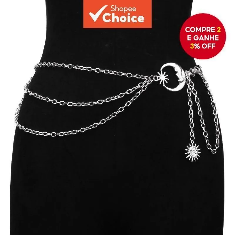 Corrente prateada de três camadas na cintura de manequim preto, com lua crescente de rosto e pingente de sol pendurado