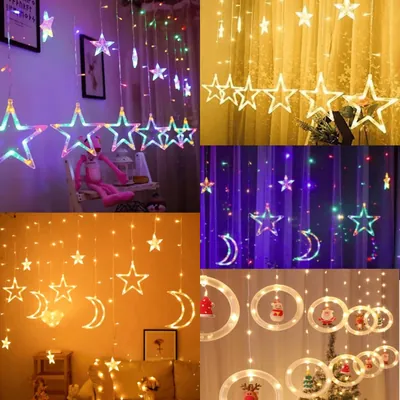 Montagem com cortinas de LED de estrelas e luas em luz colorida e amarela e argolas com figuras de Papai Noel e rena