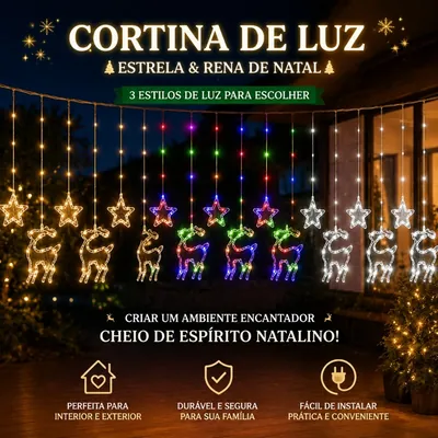 Cortina de luz com fios pendentes terminados em estrelas e renas, em luz amarela, colorida e branca, num quintal à noite