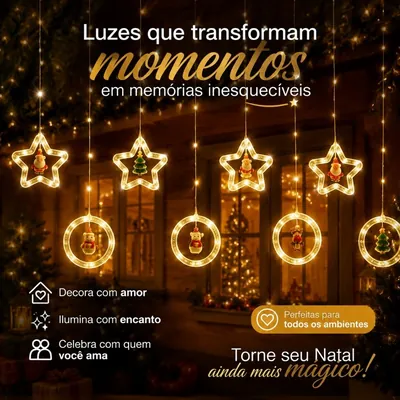 Cortina de luzes quentes com estrelas e aros iluminados, com Papai Noel, árvore, boneco de neve e rena dentro, numa janela