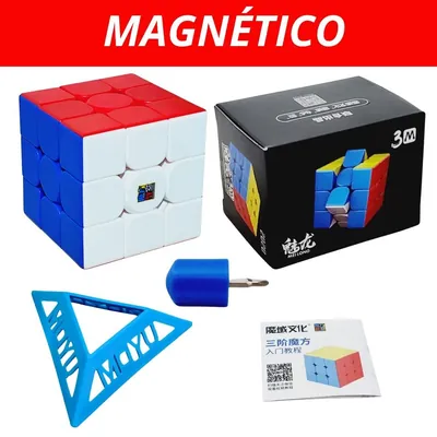 Cubo mágico 3x3 colorido sem adesivos ao lado da caixa preta Meilong 3M, base triangular azul, chave de ajuste e folheto